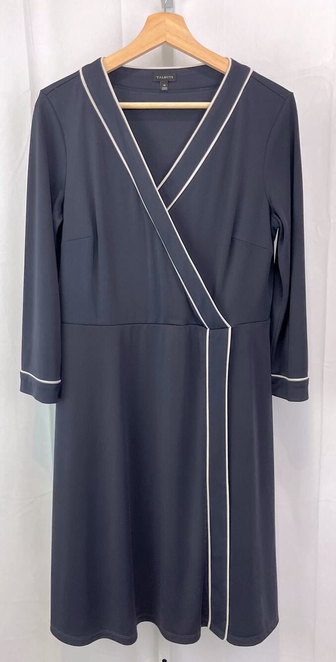 TALBOTS Size M Faux Wrap Knit Jersey Dress V Neck 3/4 Sleeve Navy Blue White